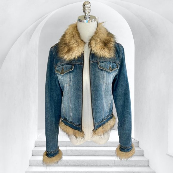 Dolls Kill Jackets & Blazers - Y2K Giacca Paris Hilton Denim Cropped Jacket with Fur Lining Size S